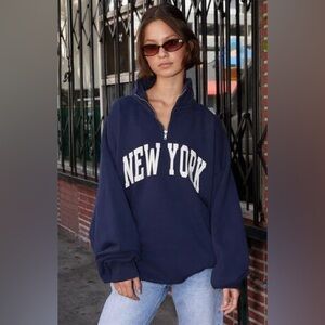 Brandy Melville/John Galt Navy Blue New York Missy Quarter Zip Sweatshirt